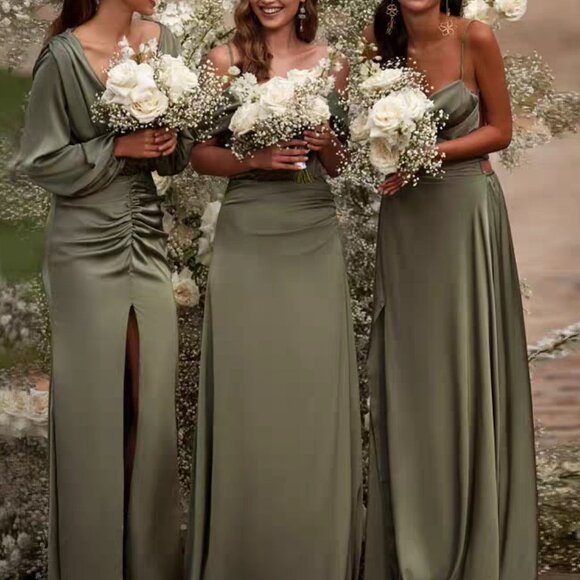 Olive Green Satin Bridesmaid & Formal Slit Dress - Picture 3 of 3